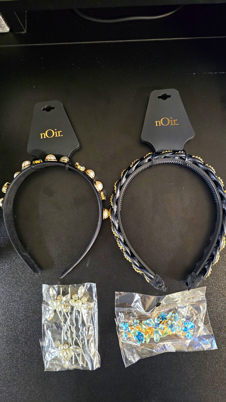 nOir Women's Black/Gold Headband Fabric/Metal Pearl Rhinestone Chain Accents